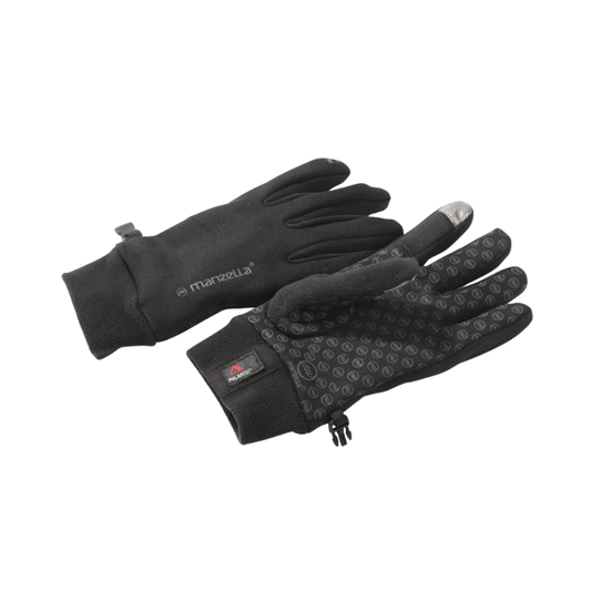 Black gloves with textured palm and brand logo on a white background