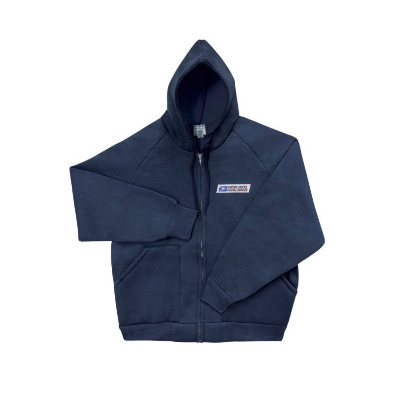 Navy blue hoodie with a logo on the chest against a white background
