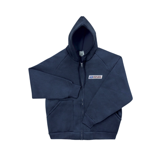 Navy blue hoodie with a logo on the chest against a white background