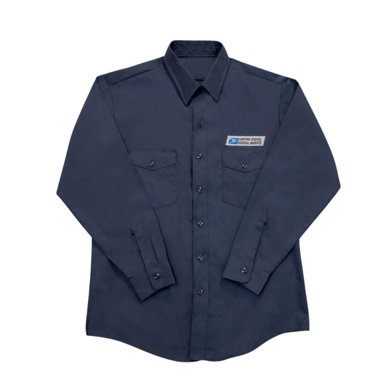 Navy blue shirt with a logo on a white background