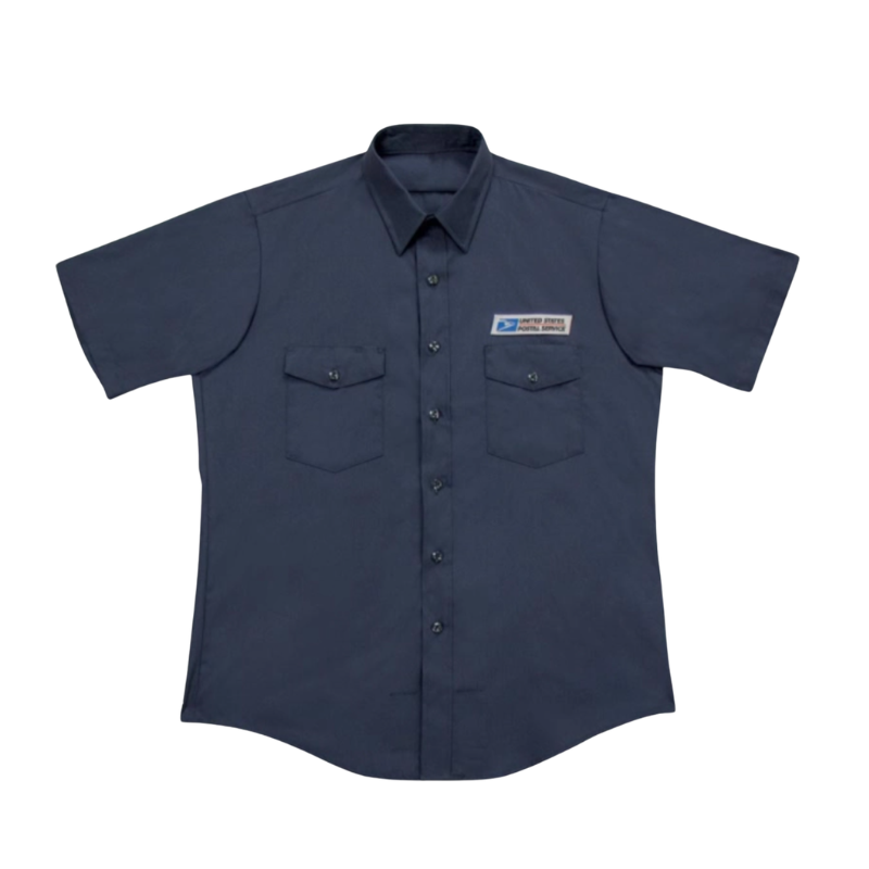 Navy blue work shirt with a logo on a white background
