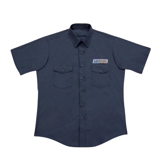 Navy blue work shirt with a logo on a white background
