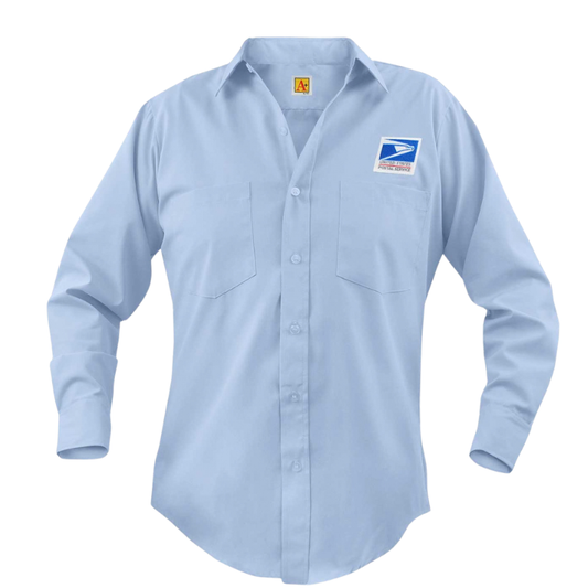 Light blue button-up shirt with a logo on the chest against a white background