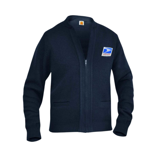 Navy blue sweater with a logo on the chest against a white background