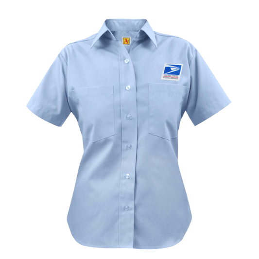 Light blue shirt with a logo on the chest against a white background