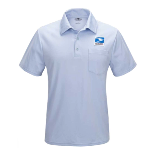 Light blue polo shirt with a logo on the chest against a white background