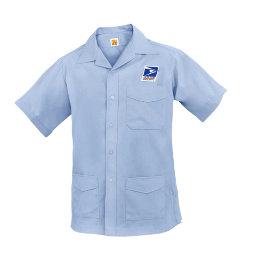 Light blue work shirt with a logo on a white background