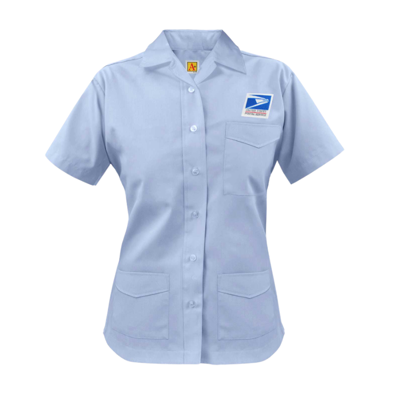 Light blue work shirt with a logo on the chest against a white background